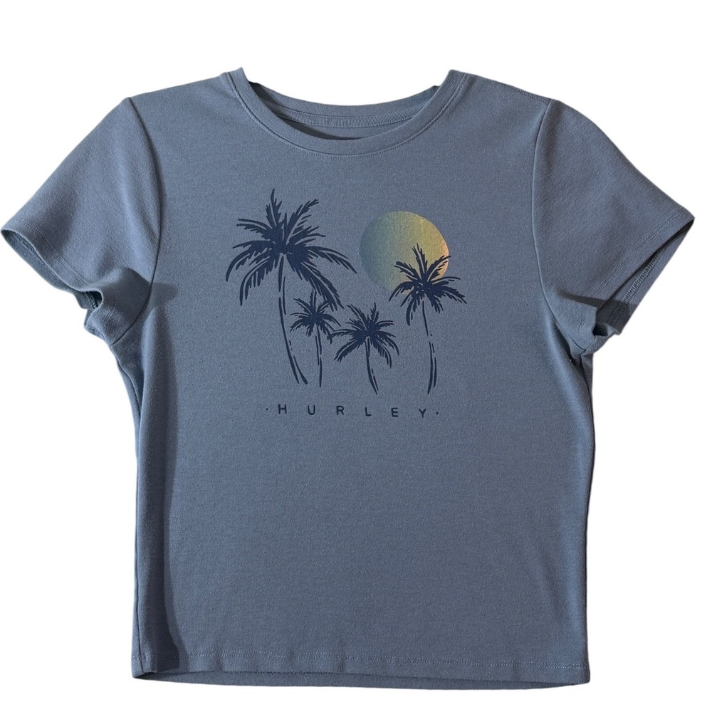 Hurley Graphic T-Shirt Womens Small Blue Palm Tree Surf Beach Short Sleeve Tee